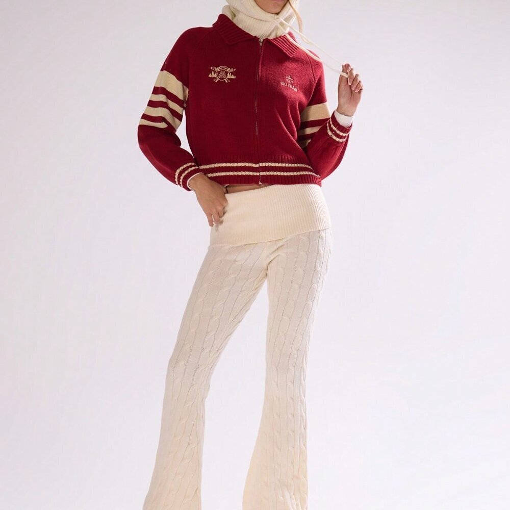 Red And White Casual Women's Embroidered Chunky Knit Stripe Cardigan - Picture 5 of 7